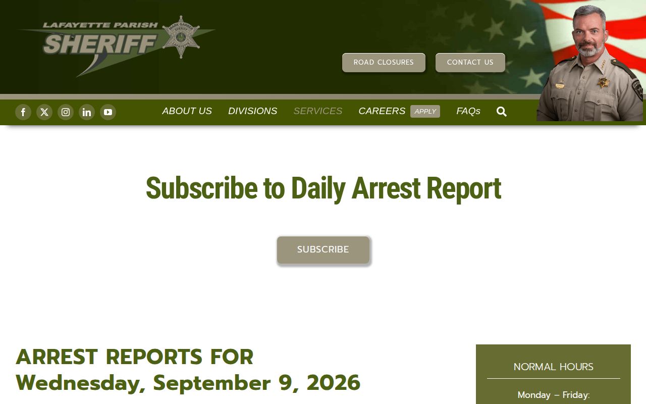 Lafayette Parish Sheriff Daily Arrest Report page with date-based arrest information